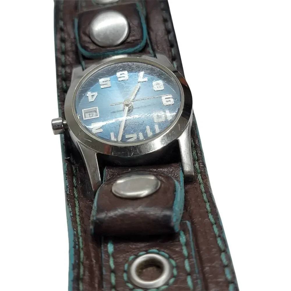 Fossil Wide Cuff Watch Brown Leather Blue Dial Date Indicator Y2K Retro